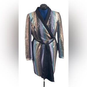 Venus Colorful Striped Sequin Tuxedo Dress Woman’s Sz 6, Faux Wrap, Zipper Retro